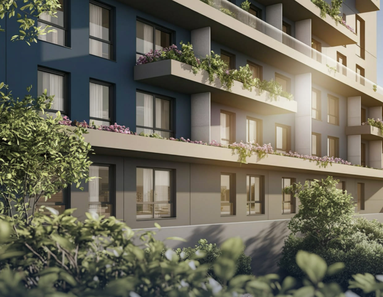 Facciata con terrazze fiorite e giardino